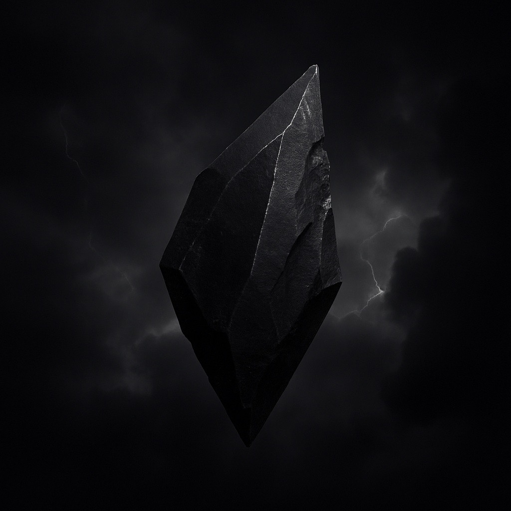 Floating obsidian shard in stormy dark sky